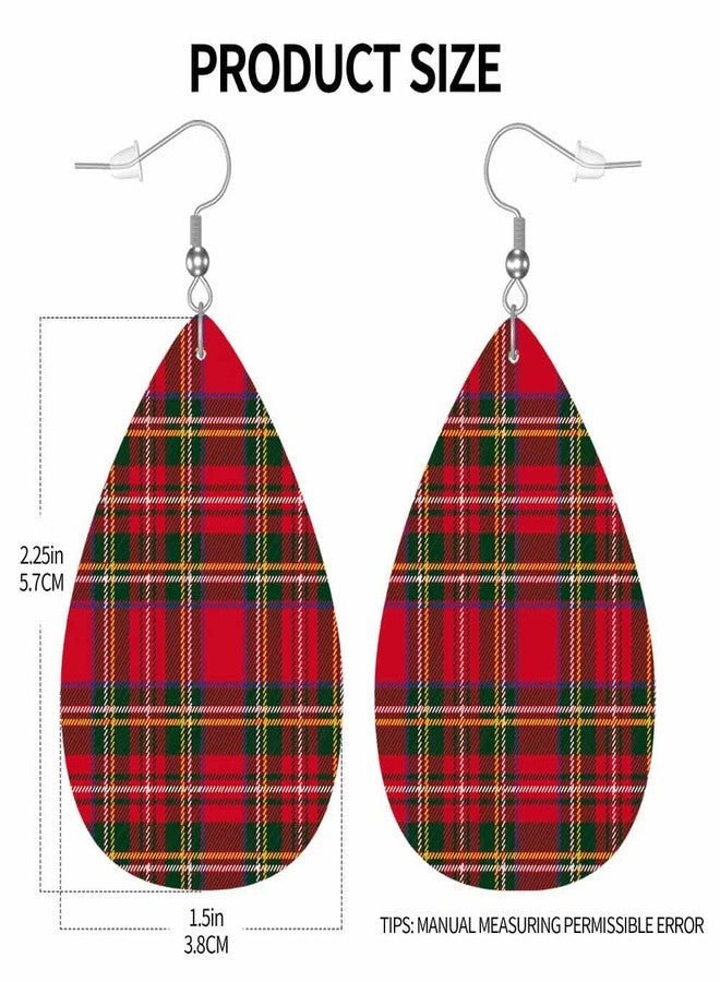 TKS MITLAN Tartan Plaid Teardrop Double-sided Leather Earrings Traditional Red Black Green Scottish Christmas New Year Decor for Women Fashion and Valentine Birthday Party Gift - Image 4